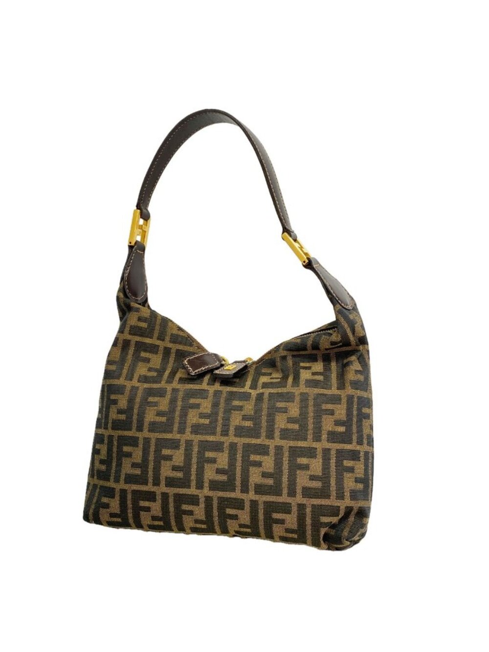 Fendi Handbag Zucca Nylon Canvas Brown Gold